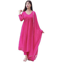 ANNI DESIGNER Women's Georgette Lehariya Printed Anarkali Kurta with Pant & Dupatta (MOTHDA-Pink_S_Pink_Small)