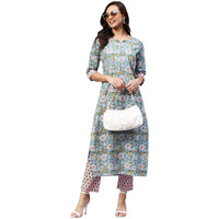 ANNI DESIGNER Women's Cotton Blend Straight Printed Kurta with Pant (Nampati) Blue