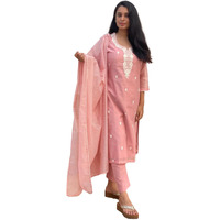ANNI DESIGNER Women's Cotton Blend Straight Embroidered Kurta with Pant & Dupatta (YEAREND Pink_S_Pink_Small)