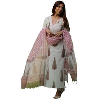 ANNI DESIGNER Women's Rayon Blend Straight Printed Kurta with Pant & Dupatta (Basvan White_S_White_Small)