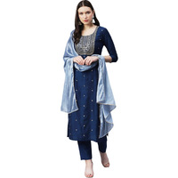 ANNI DESIGNER Women's Cotton Blend Straight Embroidered Kurta with Pant & Dupatta (Yesta Kerocine_XL_Dark Blue_X-Large)