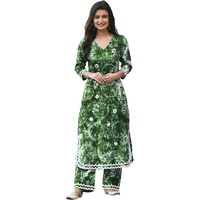 ANNI DESIGNER Women's Cotton Blend Printed Straight Kurta with Palazzo Set (Hand Block Green_S_Green_Small)
