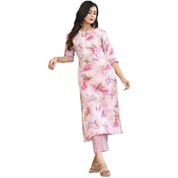ANNI DESIGNER Women's Cotton Blend Printed Straight Kurta with Pant (PS-Pink-CMD_S_Pink_Small)