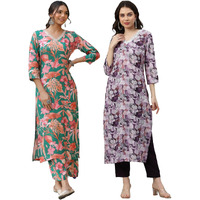 ANNI DESIGNER Women's Cotton Blend Printed Straight Kurta with Pant Pack of 2 (Chinki Green-SouthZ Purple_XXL_Multi_XX-Large)