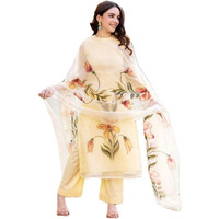 ANNI DESIGNER Women's Chanderi Cotton Straight Printed Kurta with Pant & Dupatta (FALAK-Cream-SM_3XL_Cream_XXX-Large)