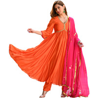 ANNI DESIGNER Women's Rayon Blend Anarkali Solid Kurta with Pant & Dupatta (MAADHVI Orange_M_Orange_Medium)