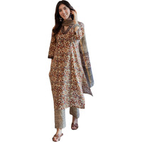 ANNI DESIGNER Women's Cotton Blend Straight Printed Kurta with Pant & Dupatta (DENIKA Cream_XXL_Cream_XX-Large)