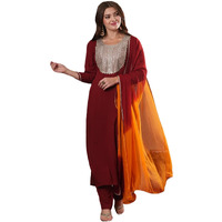 ANNI DESIGNER Women's Cotton Blend Straight Embroidered Kurta with Pant & Dupatta (CHATTERJEE Maroon_L_Maroon_Large)