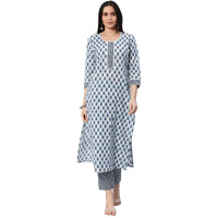 ANNI DESIGNER Women's Cotton Blend Straight Printed Kurta with Pant Set (Bitiya Blue_S_Blue_Small)