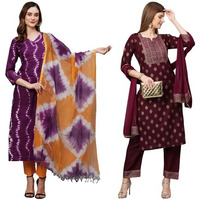 ANNI DESIGNER Women's Cotton Blend Printed Straight Kurta with Pant & Dupatta Pack of 2 (Combo-Mukhi Pink-Coco-Wine_S_Multi_Small)