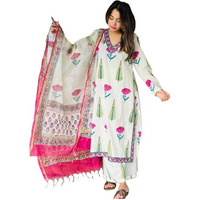 ANNI DESIGNER Women's Rayon Blend Straight Printed Kurta with Pant & Dupatta (ZIGGI White_XXL_White_XX-Large)