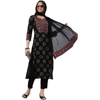 ANNI DESIGNER Women's Cotton Blend Printed Straight Kurta with Pant & Dupatta (NOV-Black_M_Black_Medium)