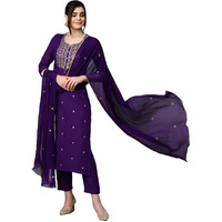 ANNI DESIGNER Women's Cotton Blend Embroidered Straight Kurta with Pant & Dupatta (Kasturi Begani-NW_L_Blue_Large)