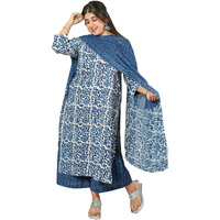 ANNI DESIGNER Women's Cotton Blend Straight Printed Kurta with Palazzo & Dupatta (Nazneen Blue_L_Blue_Large)