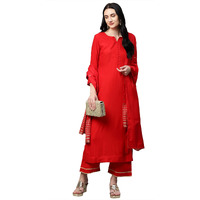 ANNI DESIGNER Women's Ruby Cotton Straight Kurta with Palazzo & Dupatta (Game RED_S_Red_Small)