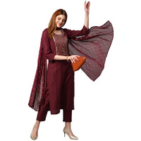 ANNI DESIGNER Women's Cotton Blend Solid Straight Kurta with Pants & Dupatta (Indira-Brown_XXL_Brown_XX-Large)