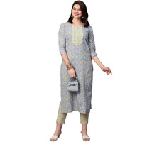 ANNI DESIGNER Women's Cotton Blend Printed Straight Kurta with Pant (Mikaa Grey-NwFB08_XL_Grey_X-Large)