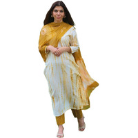 KLOSIA Women Yellow Shibori Printed Straight Kurta and Pant Set with Dupatta | Kurta Set | Ethnic Set | Dupatta Set Office Wear | Ragular wear Kurta Set | (Small)