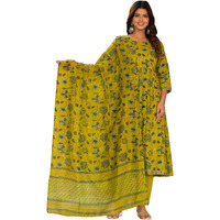 KLOSIA Women's Printed A-Line Kurta and Pant Set With Dupatta | Mustard Ethnic Suit | (Medium)