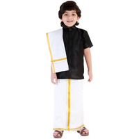 JBN Creation Boys' Black and White Silk Blend Shirt Mundu and Dupatta_VASBSH001BLnBMU001nD_22
