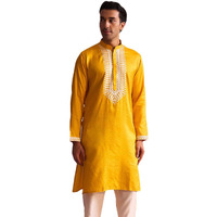 VASTRAMAY Regular Men's Yellow Neck Embroidered Kurta in Moonga Silk Fabric_VSHRMK241YW_38