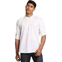 VASTRAMAY Men's White Cotton Blend Short Kurta || Cotton Short Shirt Style Solid Kurta with Buttonhole Detailing. || Elegant for Holi & EID Celebration_VASMXK015WH_42