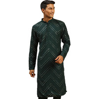 VASTRAMAY Men's Green Georgette Kurta | Mirror Work Green Georgette Kurta for Men. | Timeless Elegance for Festivals & Events | Classic Design, Premium Comfort, and Versatile Style