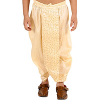VASTRAMAY Boys' Traditional Golden Dhoti - Ready-to-Wear Embroidered Silk Blend with Elasticated Waistband