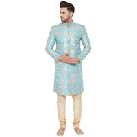 VASTRAMAY Men's Aqua And Gold Silk Blend Sherwani Set - Brocade Sherwani And Pyjama Set