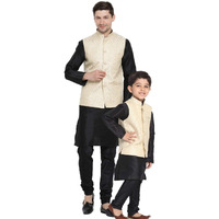 VASTRAMAY Cotton Silk Blend Floral Regular Kurta Set (VASBBJ005CRnKBL001nPBL_40/32_Beige_Man Boy-(9-10 Years))
