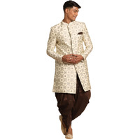 VASTRAMAY Men's Beige And Coffee Brown Silk Blend Sherwani Set_VASMSW027nCDCO_36