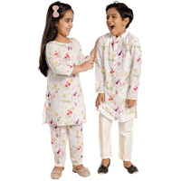 VASTRAMAY Boys' Multicolor-Base-Cream Cotton Blend Kurta Pyjama Set & Girls' Printed Floral Linen Kurta And Straight Pant Set[Boy's (2-3 Years) / Girl's (4-5 Years)]