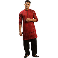VASTRAMAY Men's Maroon And Black Viscose Kurta and Patiala Set | Mirror work Embellished Viscose Kurta For Men With Fluid Fabric Patiala