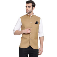 VASTRAMAY Men's Beige Cotton Silk Nehru Jacket  Elegant Festive Wear with Mandarin Collar, Perfect For Ethnic & Festive Occasions, Weddings & Celebrations