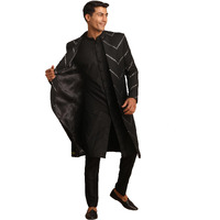 VASTRAMAY Men's Black Viscose Sherwani Set | Set Of Layered Mirror Work Front Open Sherwani Set With Pant Style Pyjama