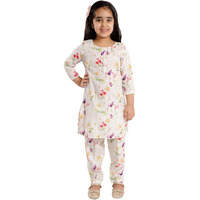 VASTRAMAY Girls' Printed Floral Linen Kurta And Straight Pant Set | Cotton Linen Printed Floral Kurta And Straight Pant set - Traditional Design - Ideal for Weddings, Festivals, and Special Occasions