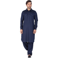 VASTRAMAY Men Cotton Pathani Khan Suit Set (Navy Blue_VASMPTBU009_46)