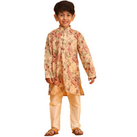 VASTRAMAY Boys' Brown Floral Muslin Kurta with Cream Viscose Pyjama Set