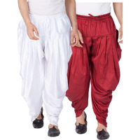VASTRAMAY Men's Maroon and White Silk Blend Cowl Dhoti Combo (VASMCDMAnMCDWH_42)