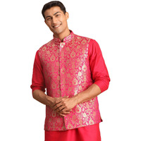 VASTRAMAY Men's Pink Jaquard Nehru Jacket | Valentino Pink Edgy Jacquard Nehru Jacket For Men