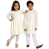 VASTRAMAY Boys' Yellow And White Kurta Pyjama Set & Girls' Chikankari Cotton Kurta And Leggings Set[Boy's (9-10 Years) / Girl's (5-6 Years)]