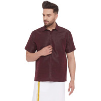 VASTRAMAY Men's Wine Silk Blend Ethnic Shirt - Half Sleeve South Indian Traditional Shirt, Chennai/Madras Shirt for Weddings, Festivals & Formal Occasions
