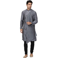 VASTRAMAY Men's Grey Cotton Silk Blend Kurta and Pyjama Set_VASMK059GYnPVBL_46