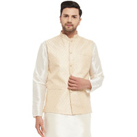 VASTRAMAY VM Mens Silk Blend Cream Nehru Jacket - Timeless Style & Versatility | Banarasi Brocade Woven Jaquard Modi Jacket | Ethnic Sleeveless Coat for Formal & Casual Wear_VASMJ005CR_36