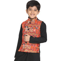 VASTRAMAY Boys' Orange And Black Nehru Jacket | Kutch Embroidered Kediyu Jacket Navratri Special - Traditional Ethnic Waistcoat - Perfect for Festivals, Weddings, and Celebrations