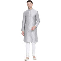 VASTRAMAY Men's Grey Cotton Silk Blend Kurta and Pyjama Set_VASMKGY001nPDWH_38