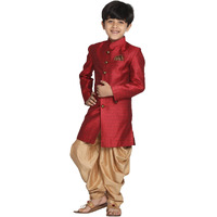 VASTRAMAY Boys' Maroon And Rose Gold Indowestern Sherwani and Cowl dhoti pant Set_VASBIW105MAnCDRG_26