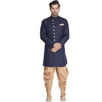 VASTRAMAY Men's Navy Blue Silk Blend Sherwani Set_VASMIW001NBnCDRG_46