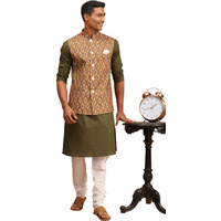VASTRAMAY Men's Green And White Cotton Blend Jacket, Kurta and Pyjama Set-VASMJ060GNnK007MInPCWH_42