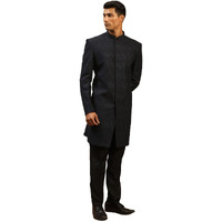 VASTRAMAY Men's Navy Blue And Black Silk Blend Sherwani Set | Imported Fabric Designer Indowestern And Pant style Pyjama Set